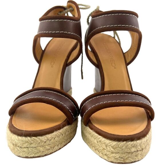 New DSQUARED2 Women US 8 Shoes Brown Leather Sandals Back Laced Platform Wedge - Picture 5 of 17